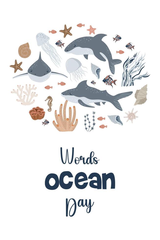 World oceans day vertical postcard vector