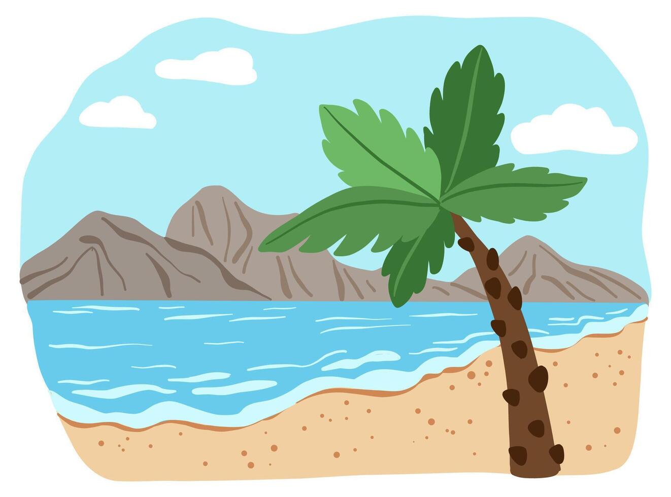Seaside Landscape with Mountains, Beach and Palm vector