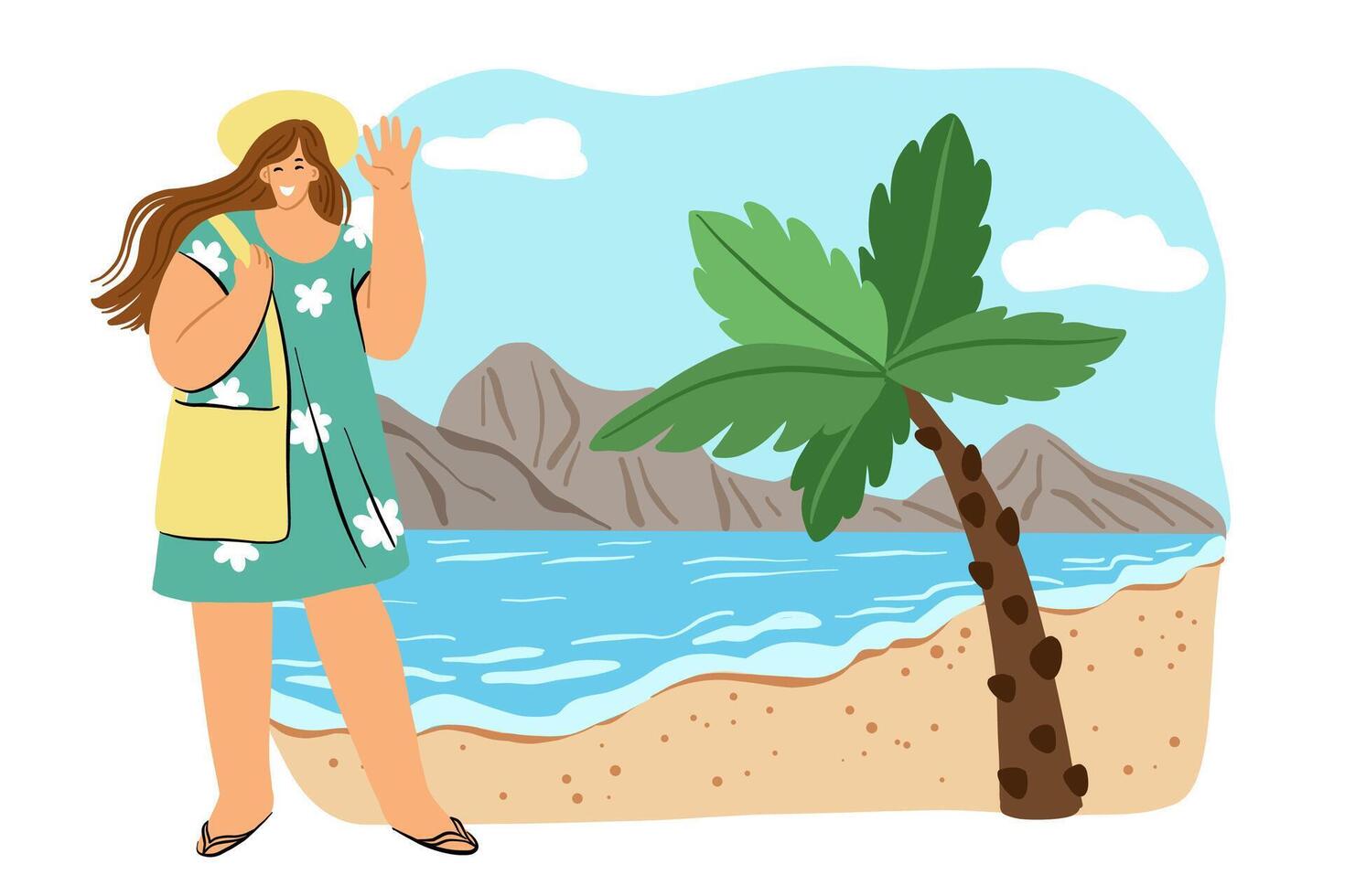 Woman on Beach with Sea, Mountains and Palm vector