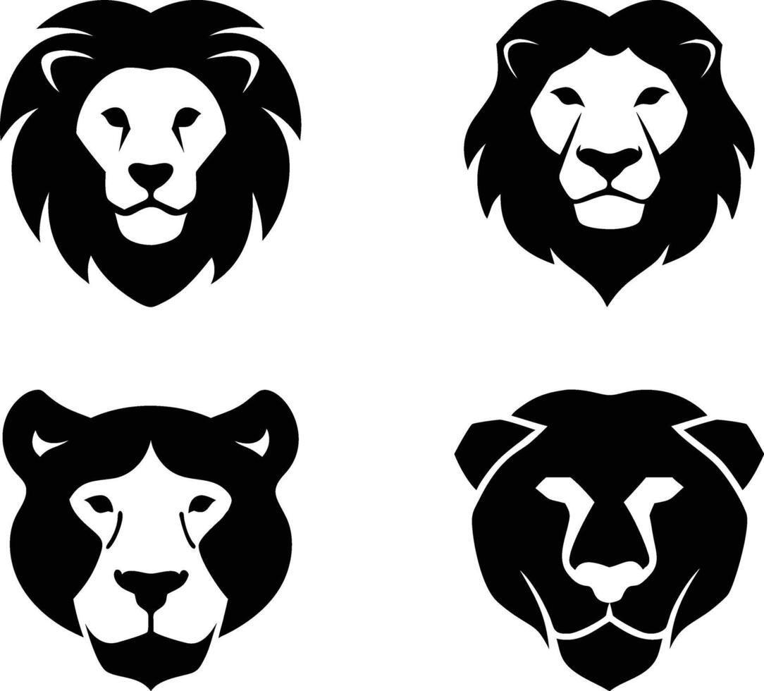 Set of Four Lion and Lioness Head Silhouettes in Black for Logos, Icons, and Emblems, Isolated vector