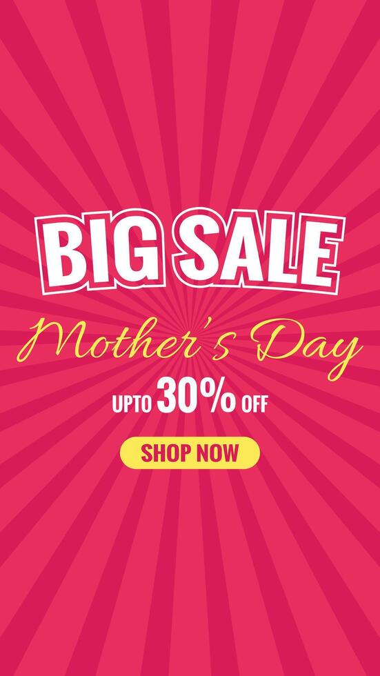 Mother's Day big sale banner with up to 30 Percent discount, bold and elegant text on red background with radial burst and shop now button, Social Media Product Sales Post vector