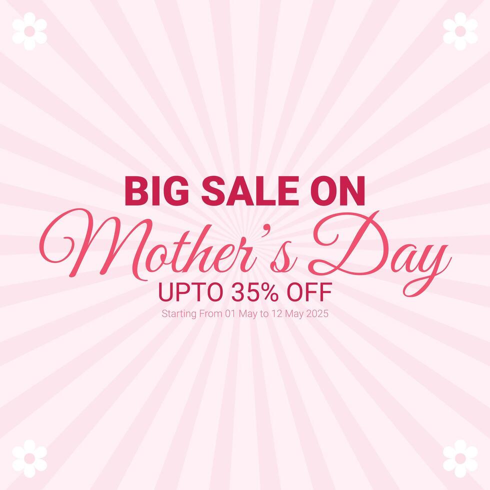 Mother's Day Big Sale Banner with Up to 35 Percent Discount, Pink Sunburst Background and Elegant Typography vector