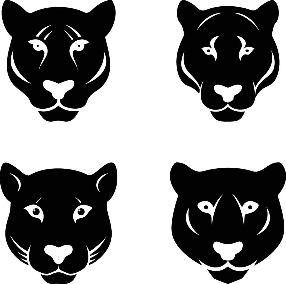 Set of Four Black Panther and Tiger head silhouettes with stylized facial features on white background, Isolated vector