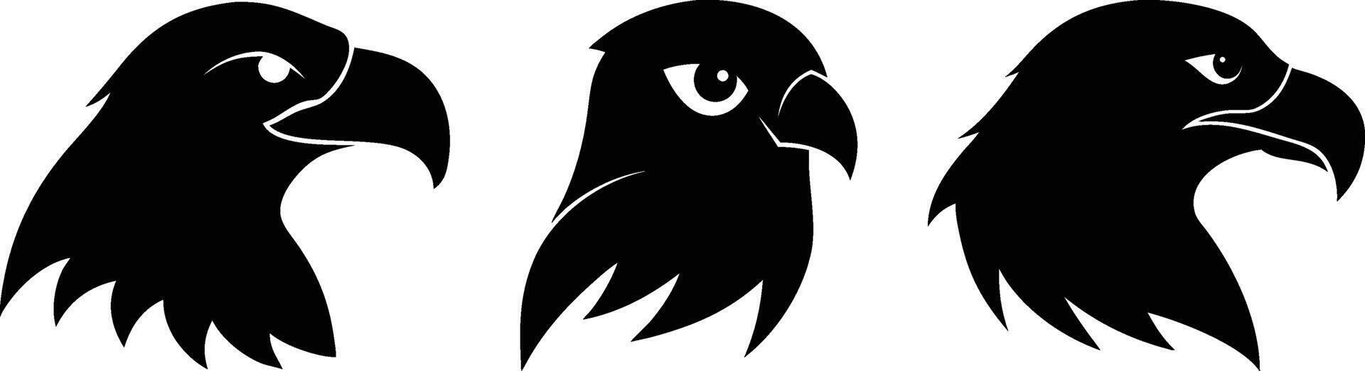 Set of Three Eagle Head Silhouettes in Black Isolated on White Background for Logos and Emblems, Isolated vector