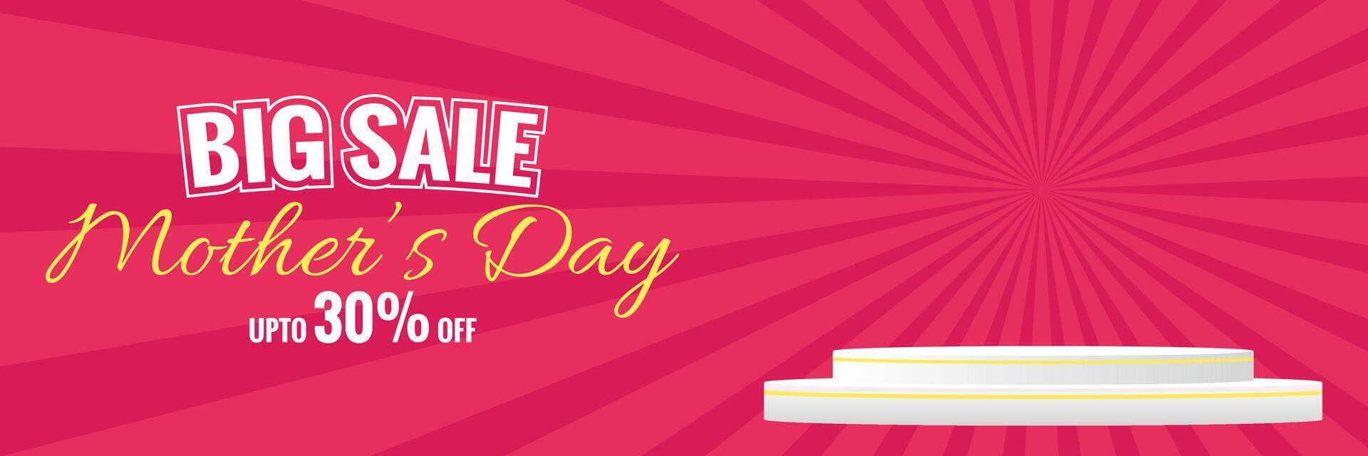 Mother's Day big sale banner with bright pink Sun background, discount offer, and podium platform vector