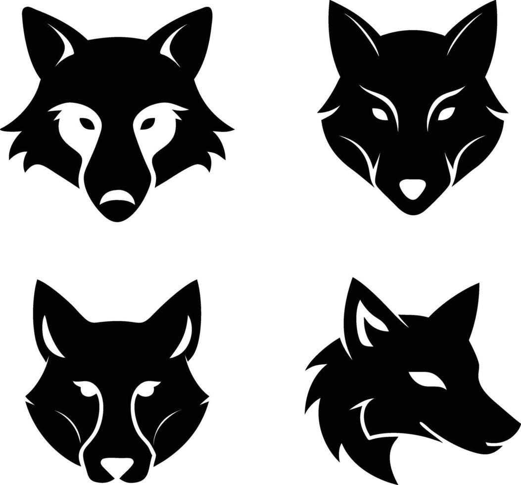 Collection Set of Four Black Wolf head silhouettes with various stylized designs on white background, Isolated vector