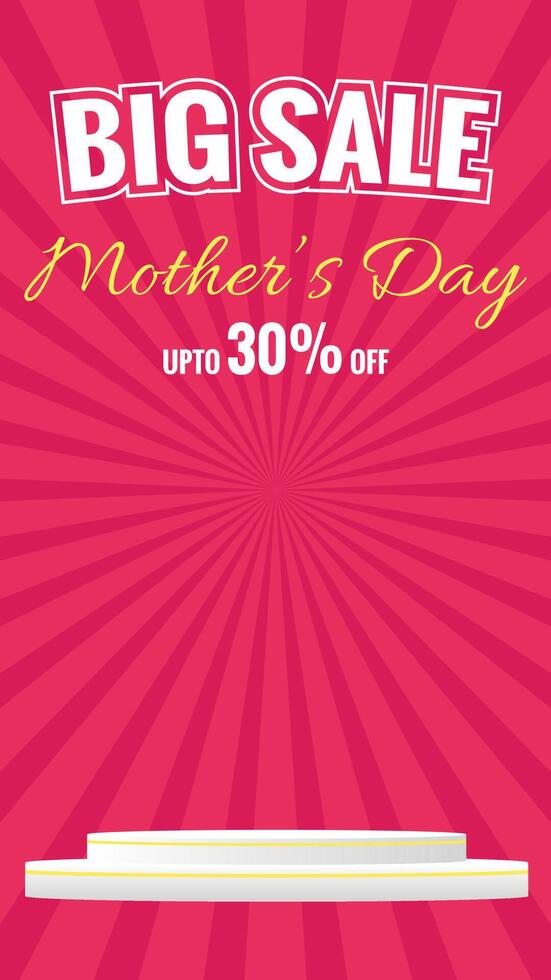 Vertical Mother's Day big sale banner with red sunburst background and Product display podium offering up to 30 Percent off Post Design vector