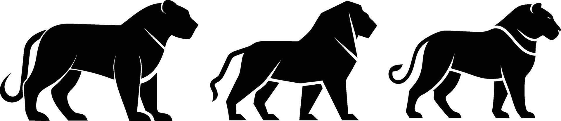 Set of Three Wild Animals Black Panther, Lion, and Tiger Silhouettes Isolated on White Background vector