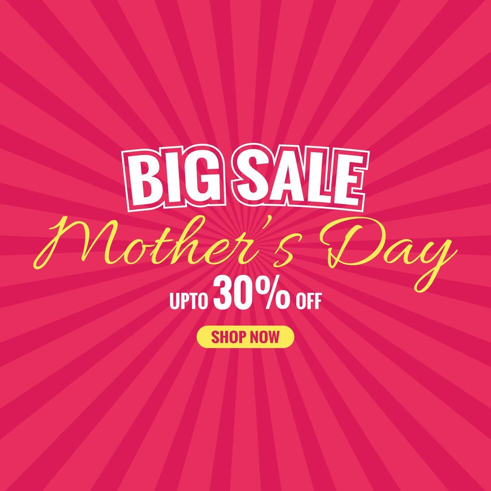 Mother's Day Big Sale Banner with Up to 30 Percent Off, Bold Text on Red Sunburst Background and Yellow Accent vector