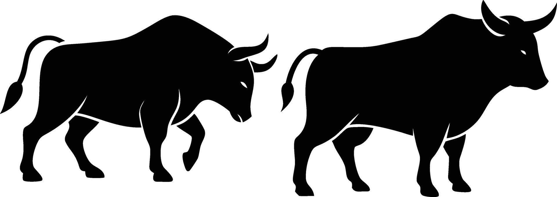 Silhouette Illustration of Two Bulls in Aggressive and Neutral Poses Isolated on White Background, Isolated vector