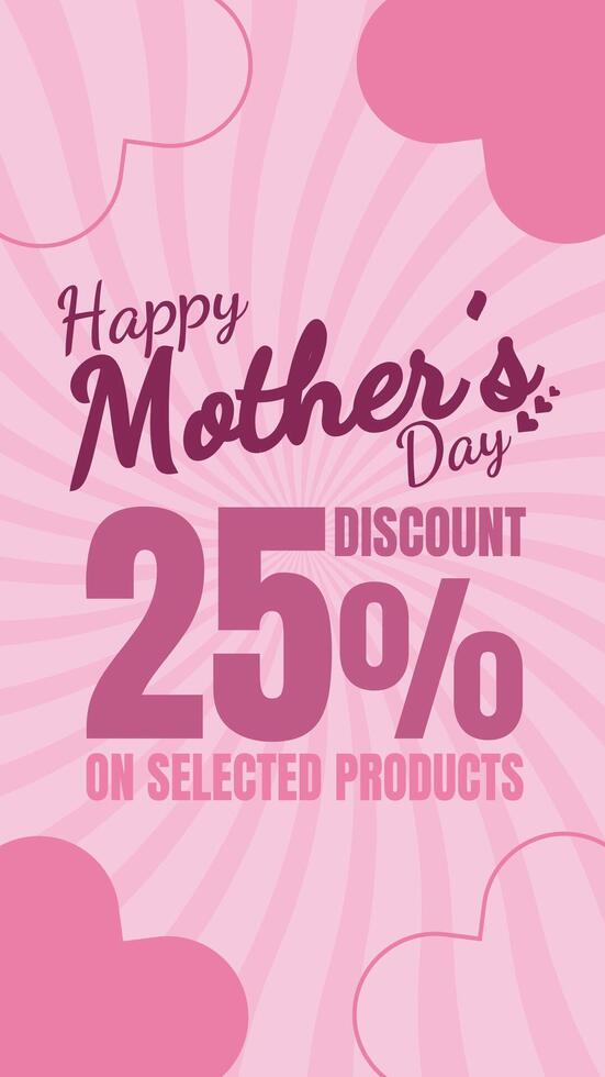Mother's Day sale banner with 25 Percent Discount offer on selected products, pink background with hearts and radial rays Social Media Sale Post Design vector