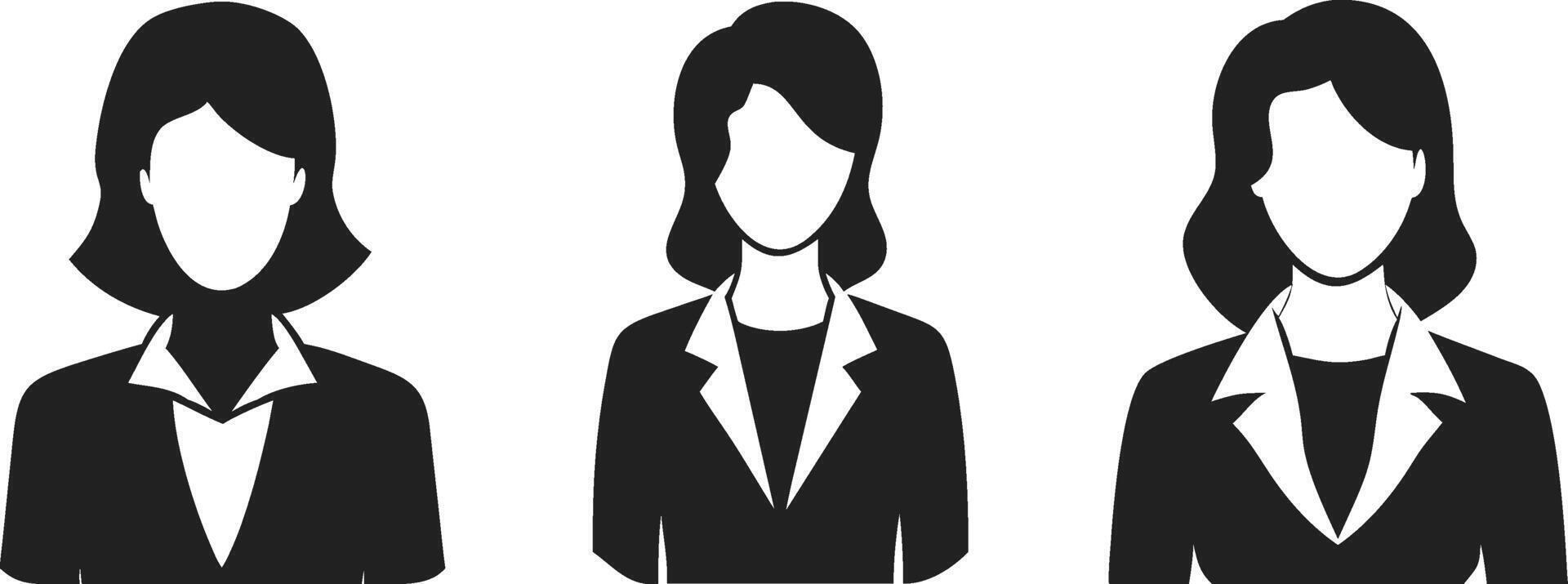 Collection of Three Female Business Avatars in black and white, professional women in formal suits, Isolated vector