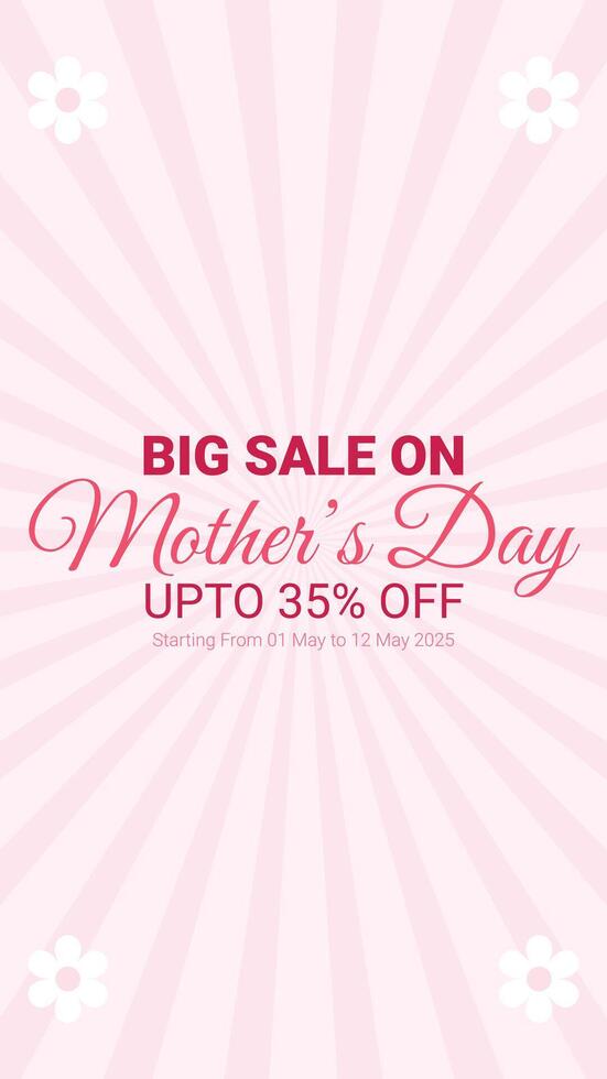 Mother's Day big sale banner with up to 35 Percent off, elegant pink background with floral accents and radiant light burst design, Social Media Post Design for Marketing vector