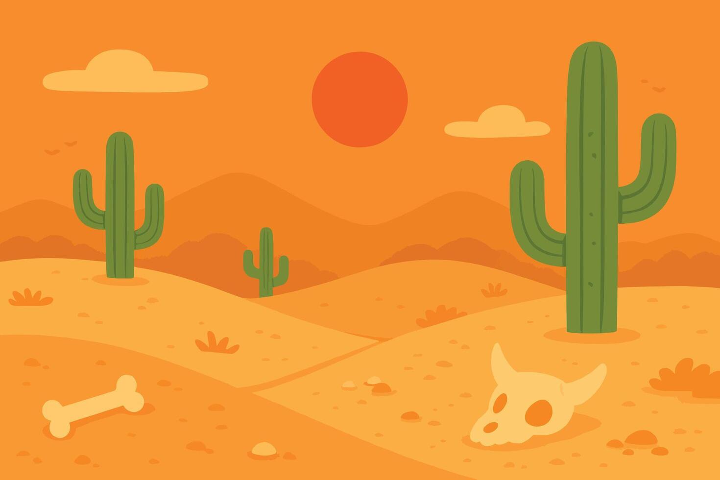 Desert Sunset Scene with Cacti and Skull vector