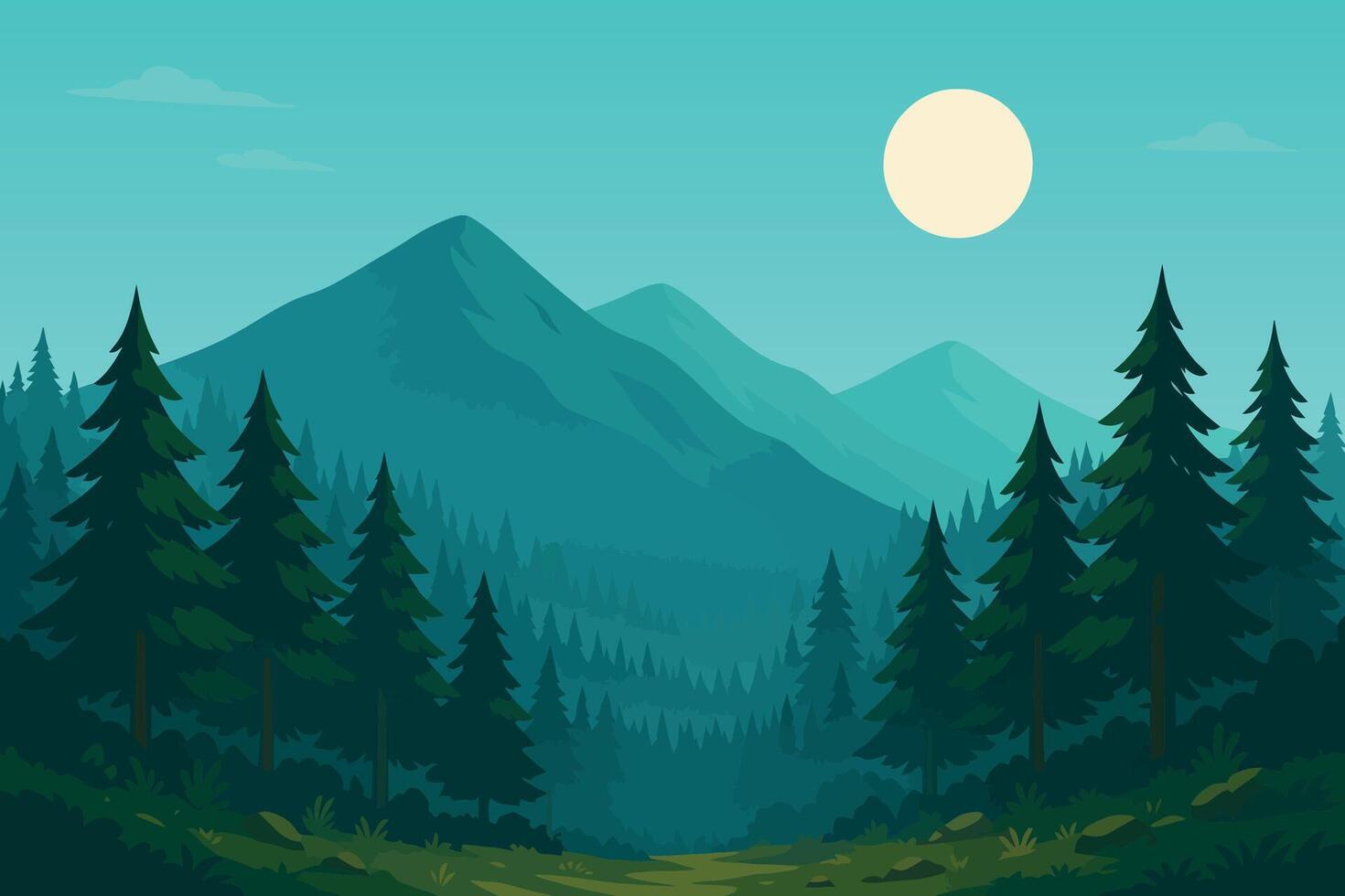 Mountain View with Pine Trees and Flat Blue Sky With Sun vector