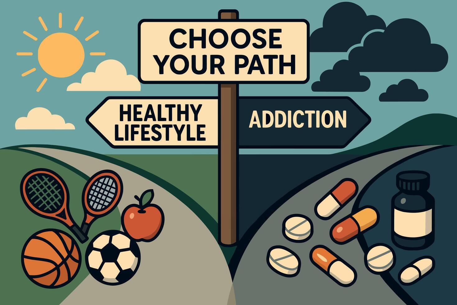 Anti-Drug Awareness Choosing a Path Healthy Lifestyle vs. Addiction vector