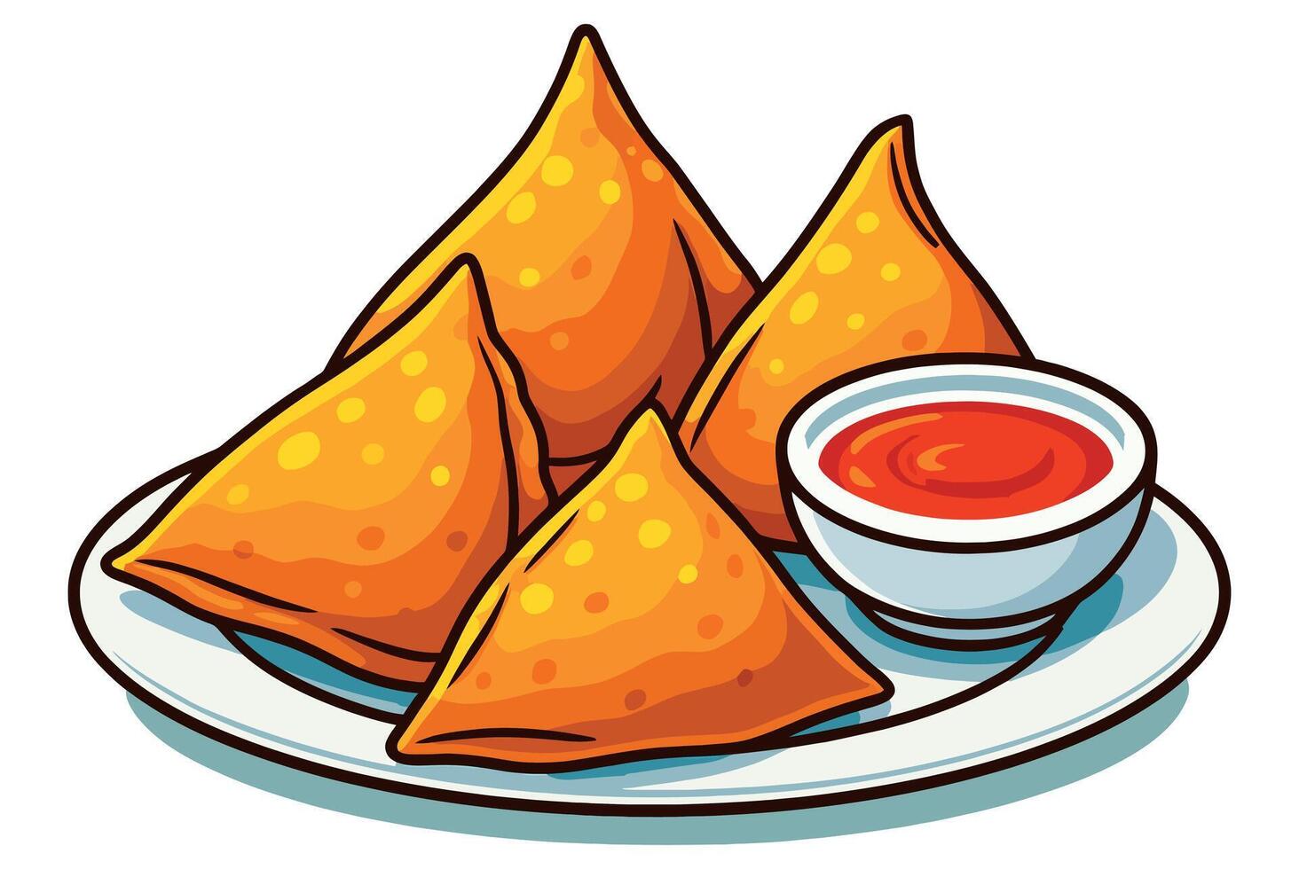 Cartoon Style Indian Samosa Plate with Sauce vector