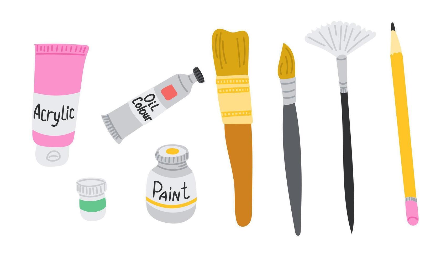 Colorful hand drawn set of painting tools including brushes, paint tubes, jars and pencil on white background. Concept of art supplies, creativity and artistic hobby essentials vector