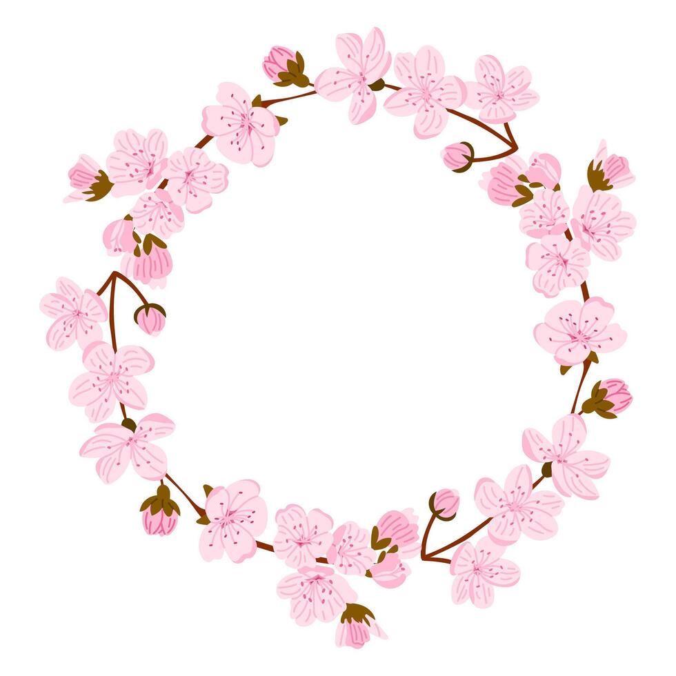 Cherry blossom wreath made of delicate pink flowers on brown branches with empty space in the center. Symbol of spring, nature awakening and beauty in minimal floral design vector