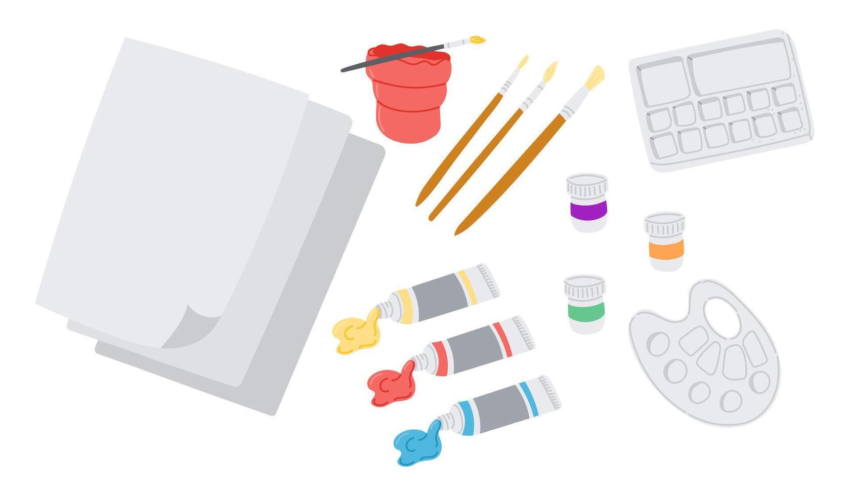 Set of painting and drawing supplies including brushes, palette, paper and paint tubes. Creative composition representing art process, inspiration and artistic expression vector
