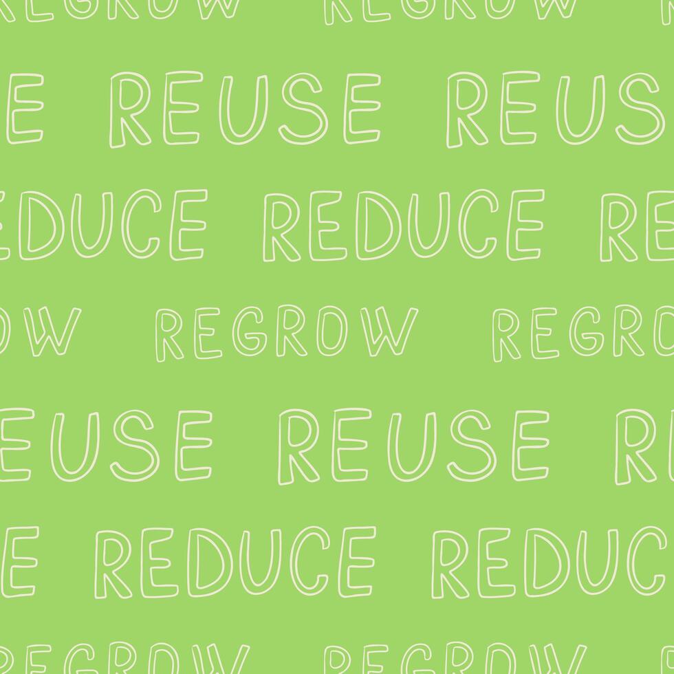 Seamless pattern with hand drawn eco words reduce, reuse and regrow on green background. Concept of sustainability, eco lifestyle and environmental awareness vector