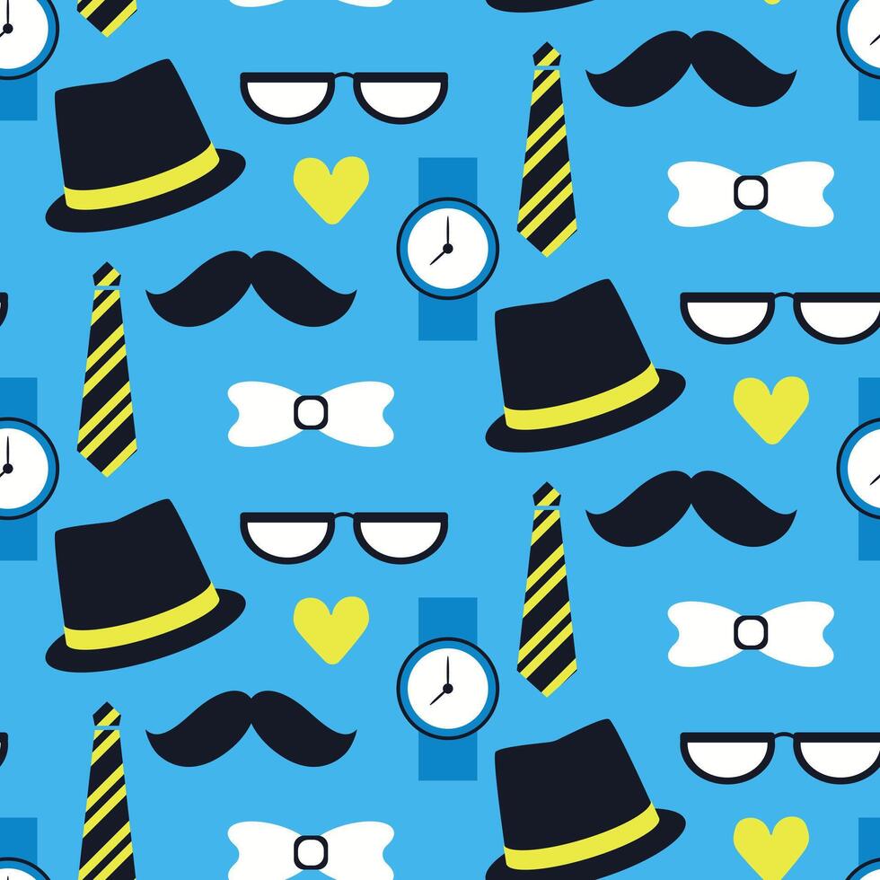 Seamless pattern with hats, ties, mustaches and watches on a bright blue background. Celebration of fatherhood, masculinity and gentleman style in a fun graphic design vector