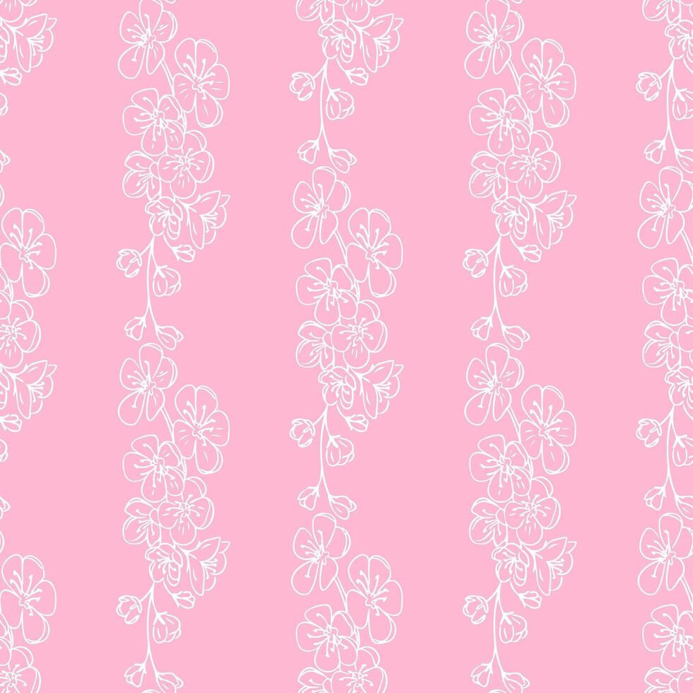 Seamless pattern with white cherry blossom outlines on a soft pink background. Elegant floral design symbolizing femininity, romance and gentle nature vector