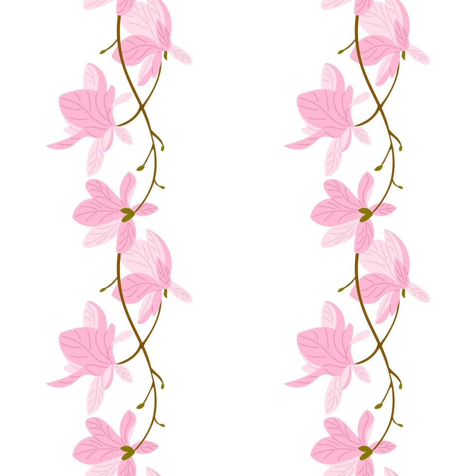 Seamless vertical border pattern with pink magnolia flowers and curved branches. Symbol of elegance, springtime renewal and natural beauty in a delicate floral arrangement vector