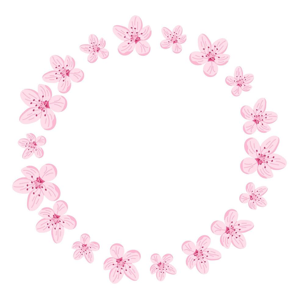 Round floral frame with delicate pink cherry blossoms arranged in a soft circular wreath. Represents spring, tenderness and romantic elegance with space for text in the center vector