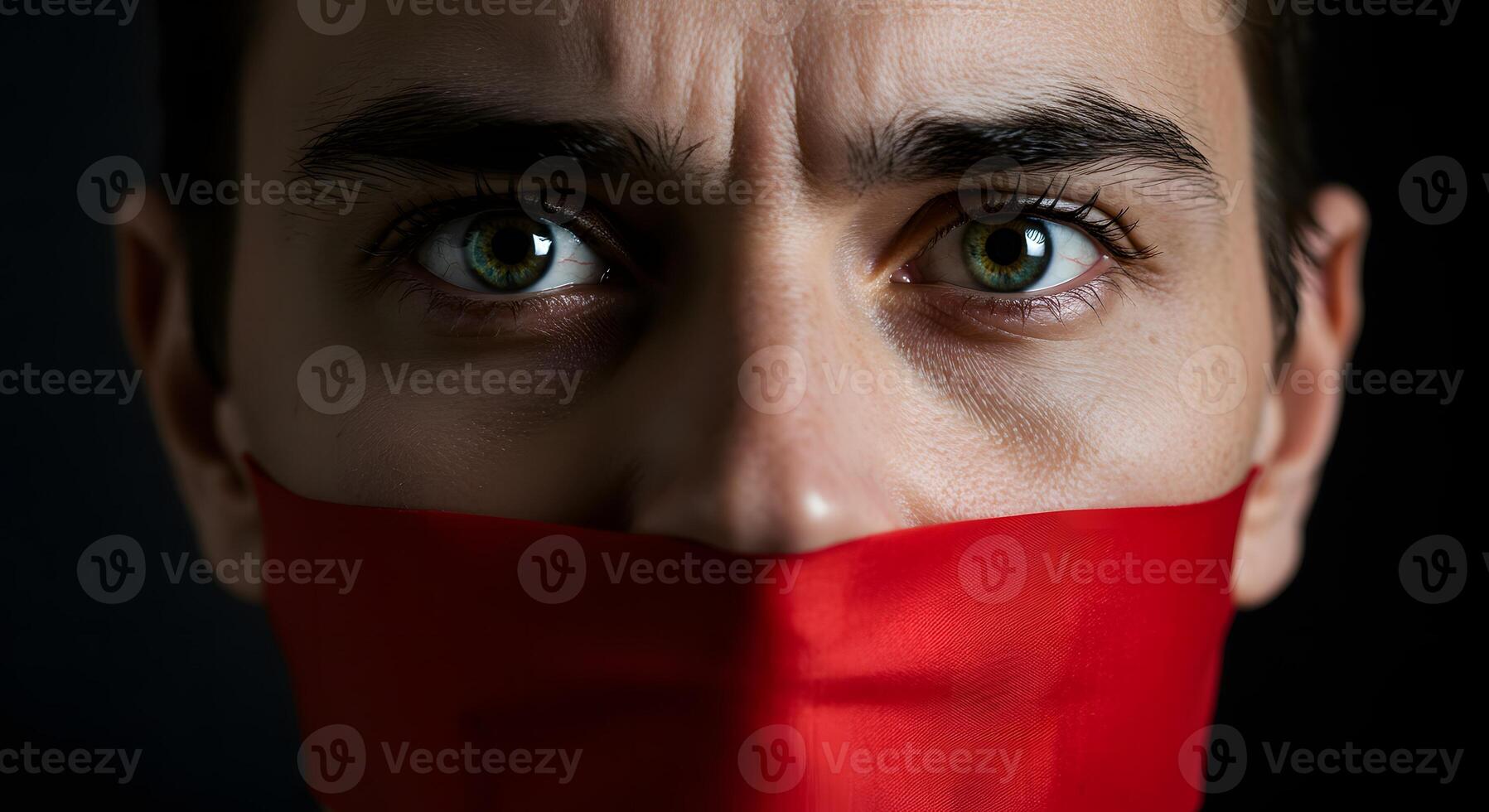 Man with Red Tape Over Mouth Feeling Censored and Oppressed photo