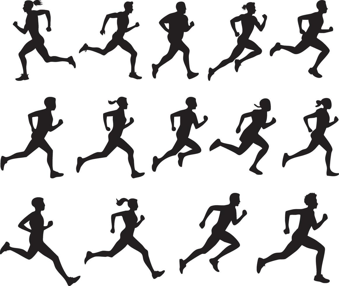 A collection of diverse runner silhouettes in dynamic poses vector