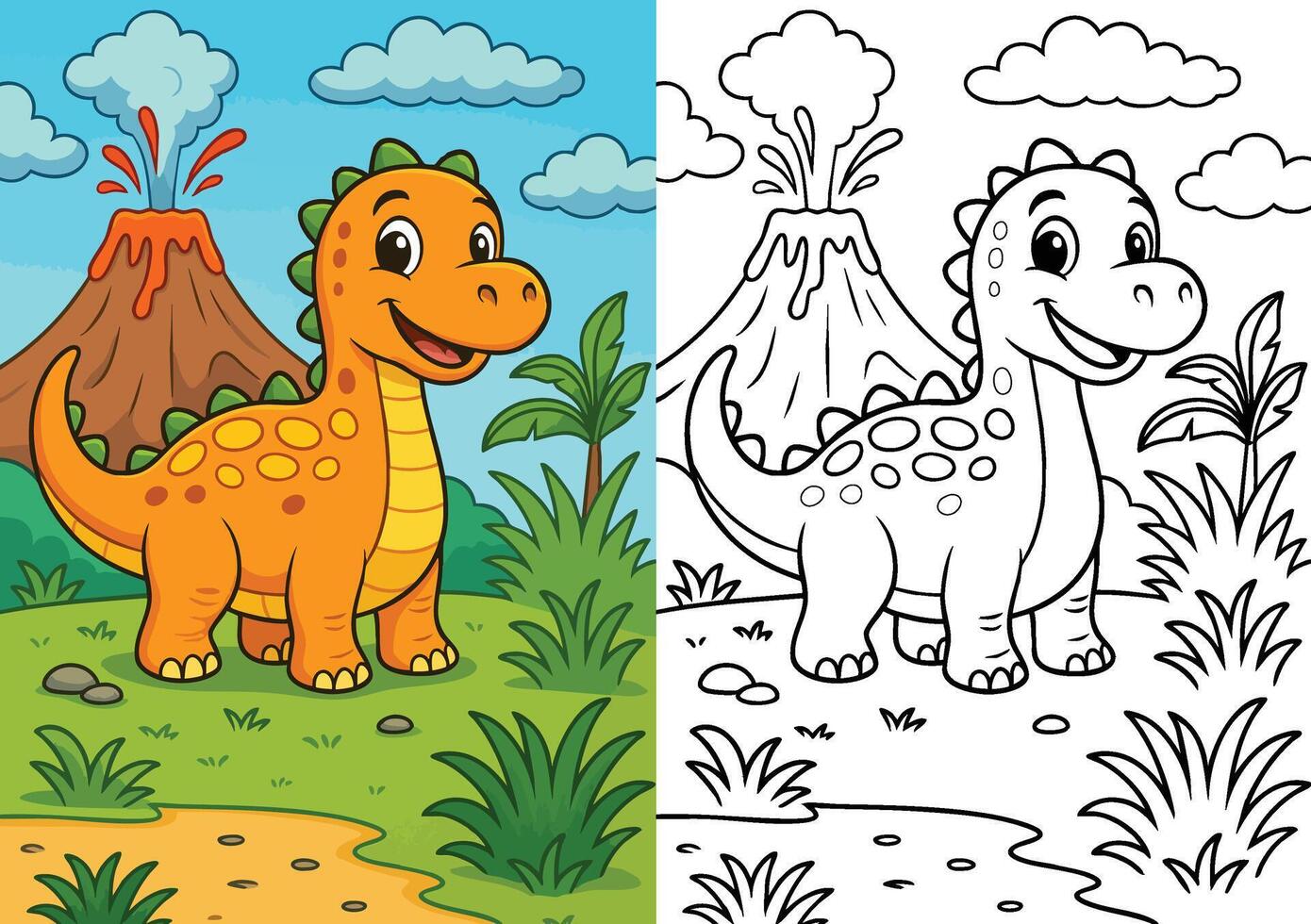A4 Cute Baby Dinosaur Coloring Page with coloured version Smiling Cartoon Dino with Volcano, Clouds, and Jungle Plants Printable Line Art for Kids vector