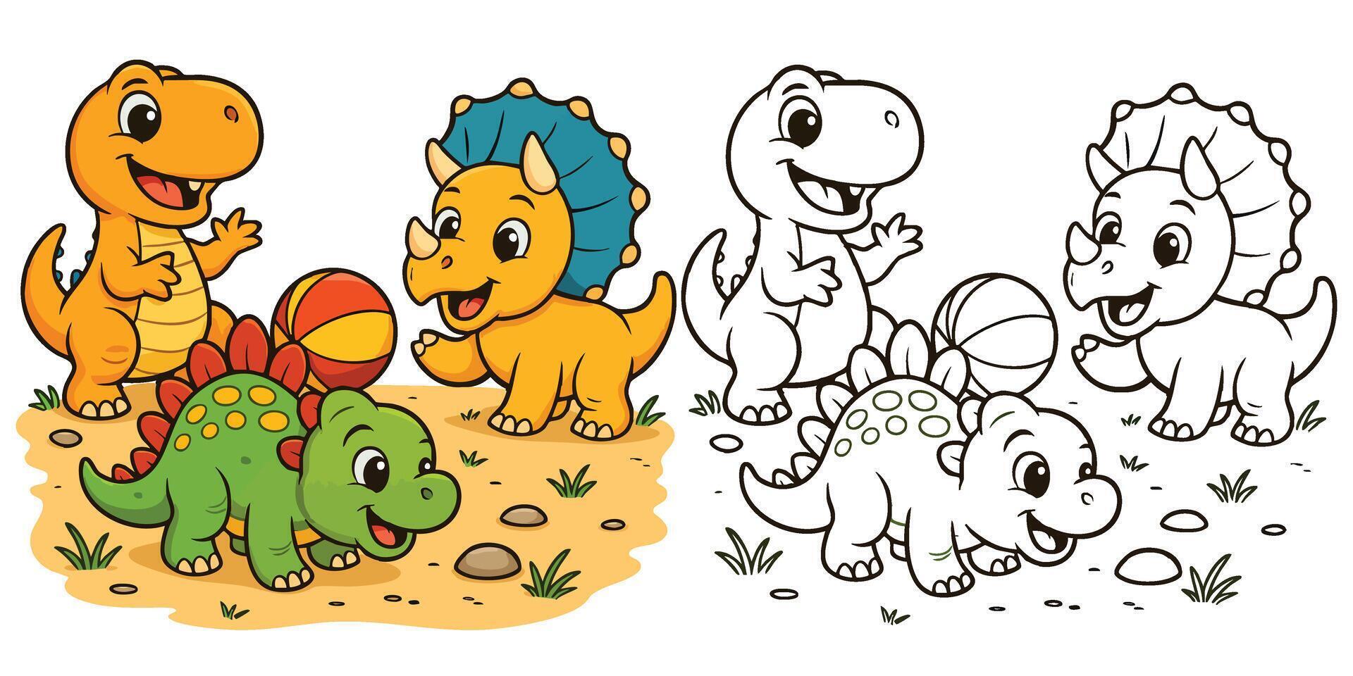 Playful Dinosaur Friends Coloring Set Cute Dino Trio with Ball Color And Outline Versions vector