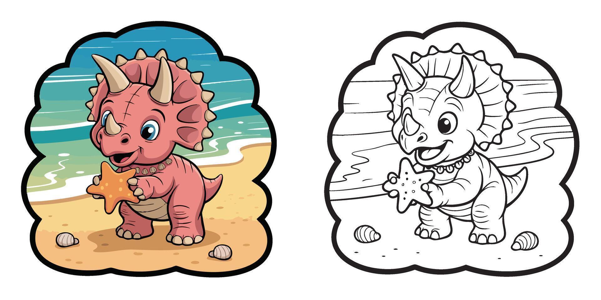 Cute Baby Triceratops on the Beach with Starfish Color and Line Art Set for Kids Activities and Coloring Books vector