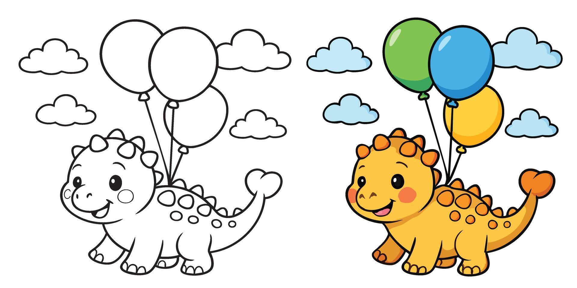 Adorable Baby Ankylosaurus with Balloons Colouring Page Fun Dinosaur Line Art for Kids vector