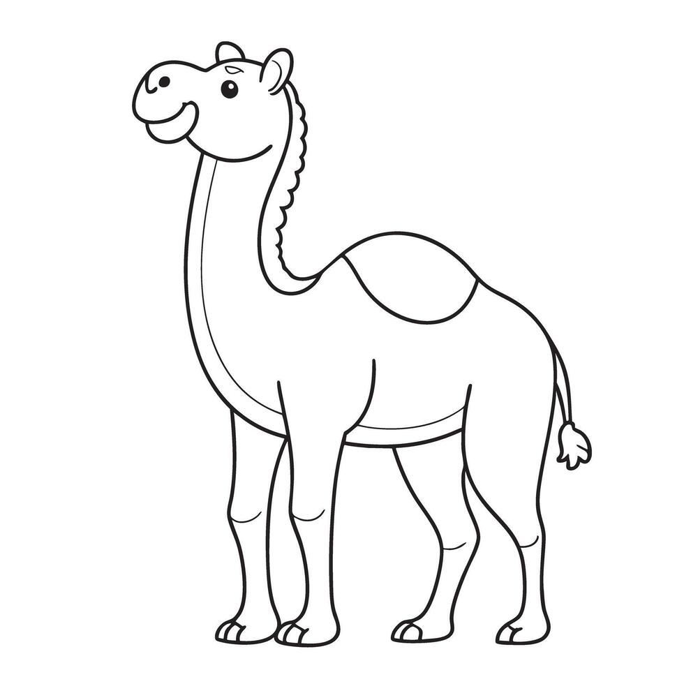 Cartoon Camel Simple Black and White Line Drawing Illustration with Friendly Face for Coloring Page, Animal Clipart Design vector