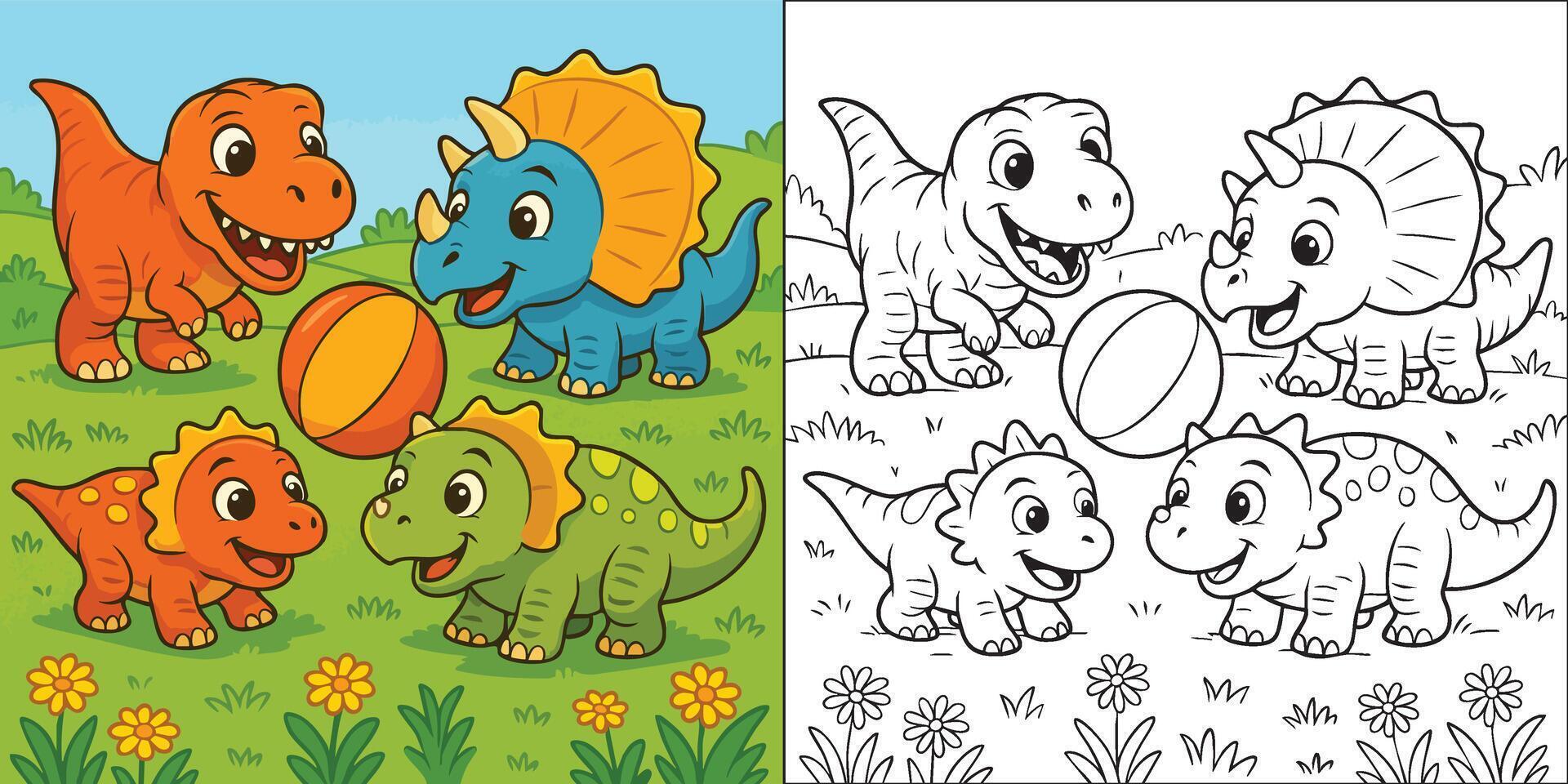 Playful 4 Dinosaur Friends Coloring Set Cute Dino Trio with Ball Color and Outline Versions vector