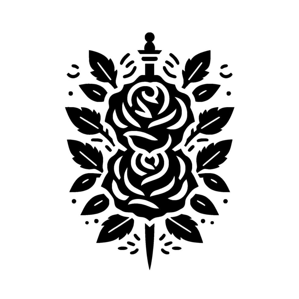 Black and white rose dagger tattoo floral vector