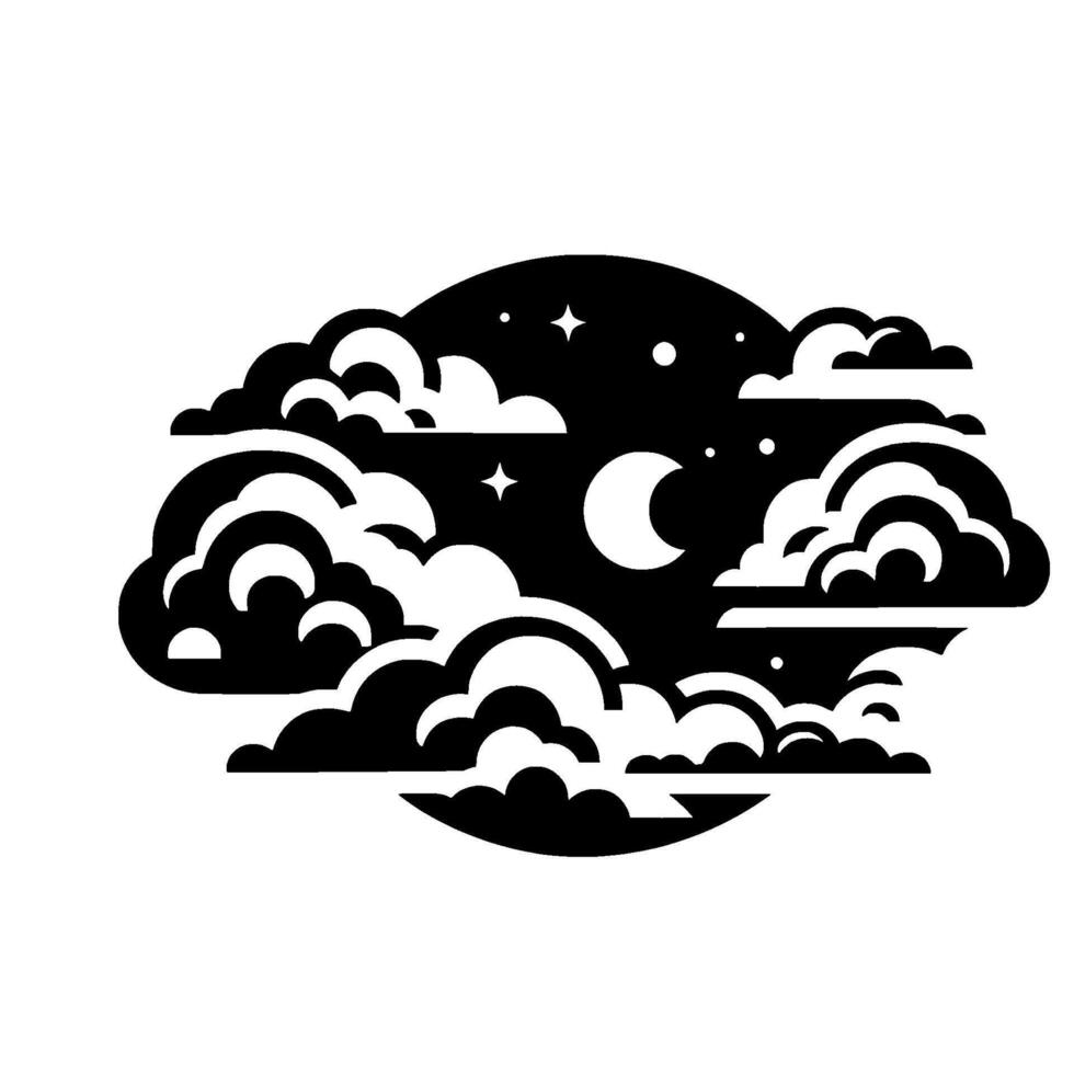 Black and white night sky illustration moon, clouds, stars, decorative element vector