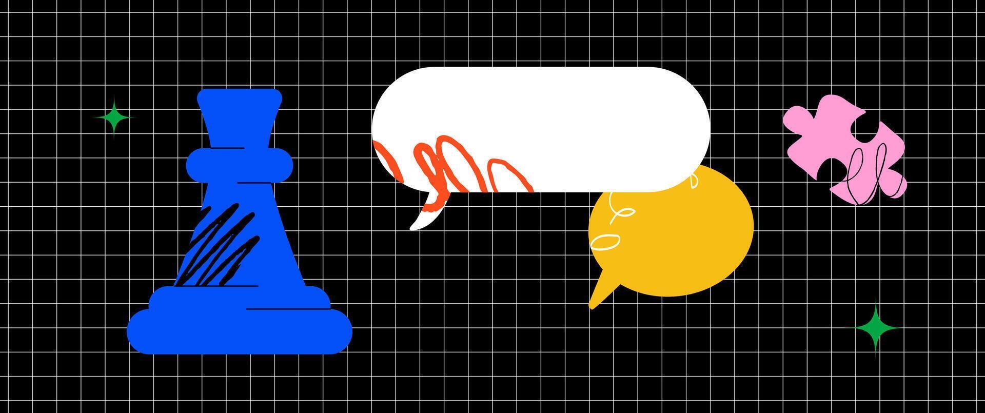 A bright stylized banner with a chess rook, speech bubbles and a piece of a puzzle next to it. A metaphor for finding solutions and strategic thinking. vector