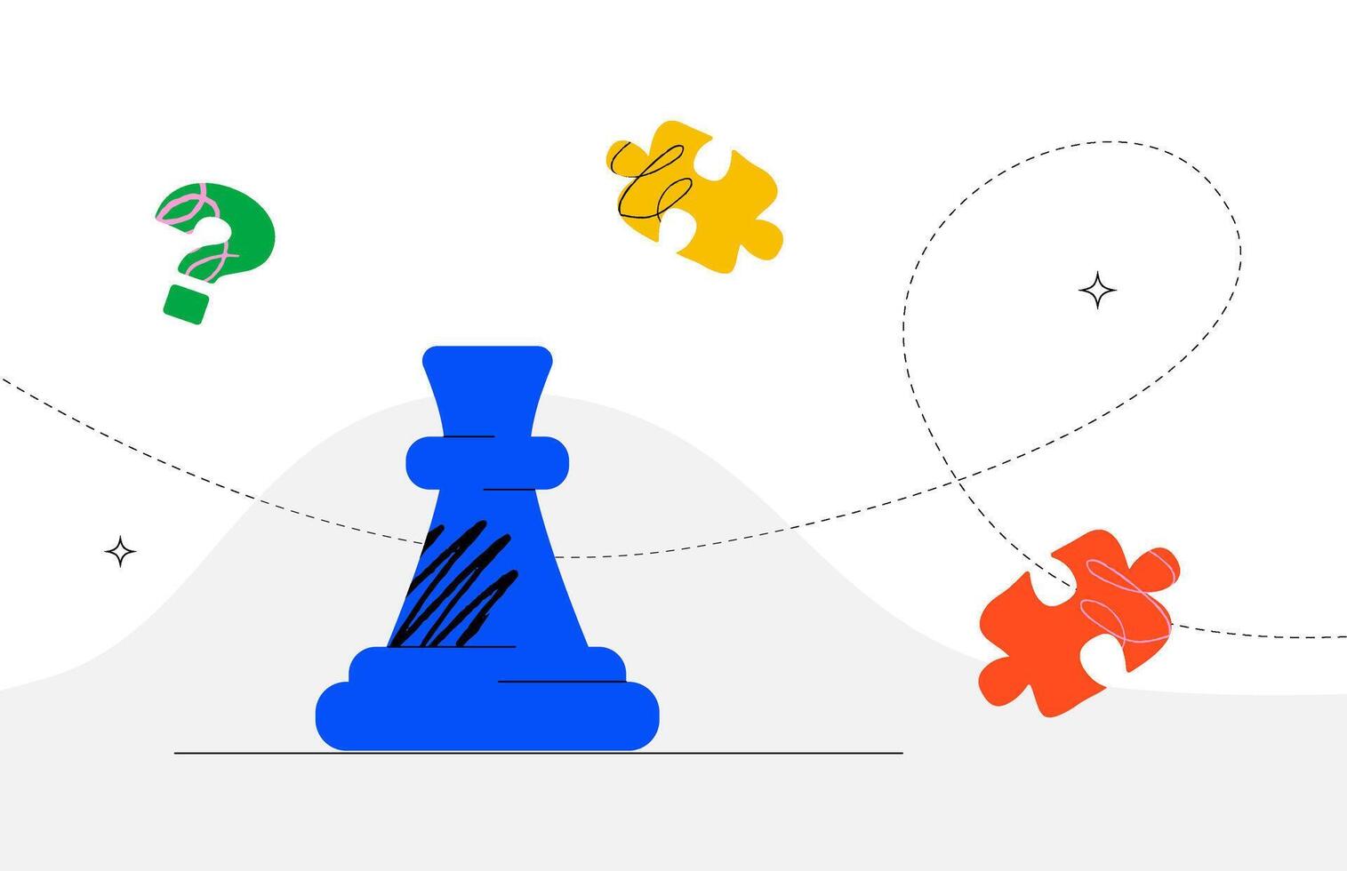 Abstract illustration with a chess rook, a question mark and colorful puzzle pieces connected by dotted lines. A metaphor for strategic thinking, problem solving, and process organization. vector