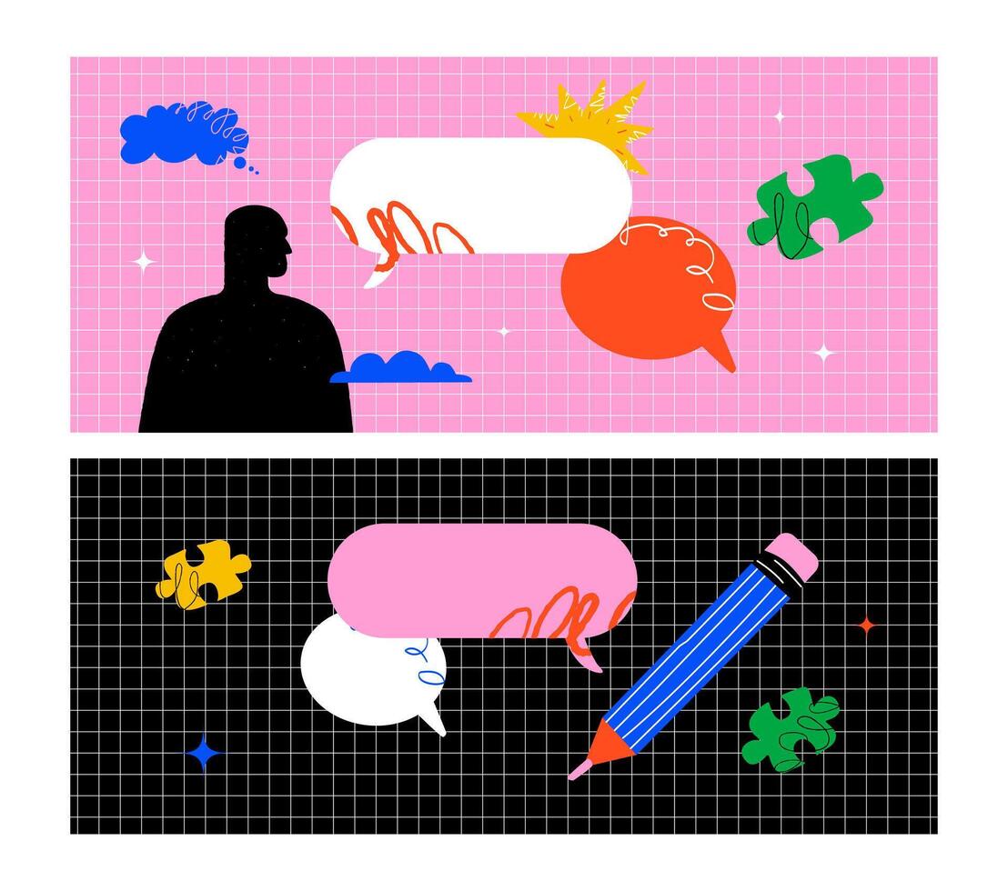 A set of bright horizontal banners with speech bubbles, a human silhouette, a large pencil, puzzle pieces and clouds. Abstract design template for psychological themes and announcements. vector