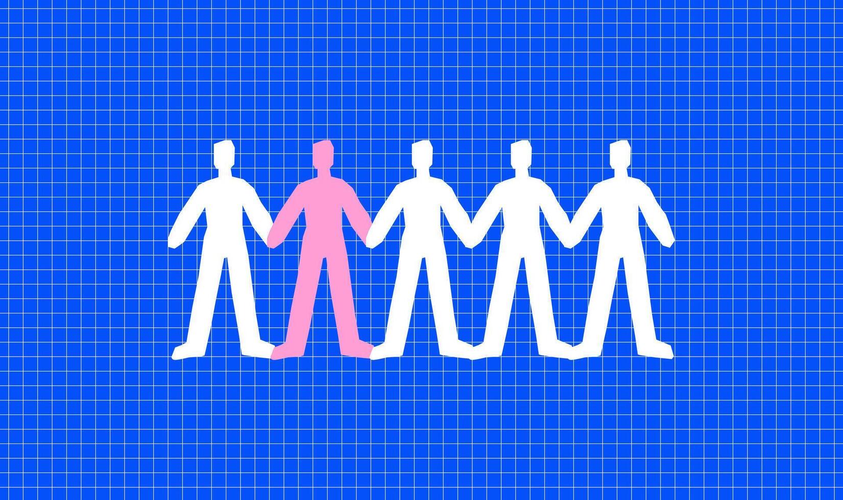 An abstract illustration showing a row of paper-cut figures holding hands. Four white figures and one different color, pink. The concept of individuality in society, unity and sharing. vector