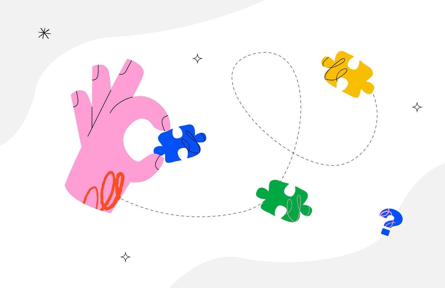 A hand holding a blue puzzle piece, with other colorful puzzle pieces floating around and a question mark below. Concept for problem-solving, finding solutions, and the search for answers. vector