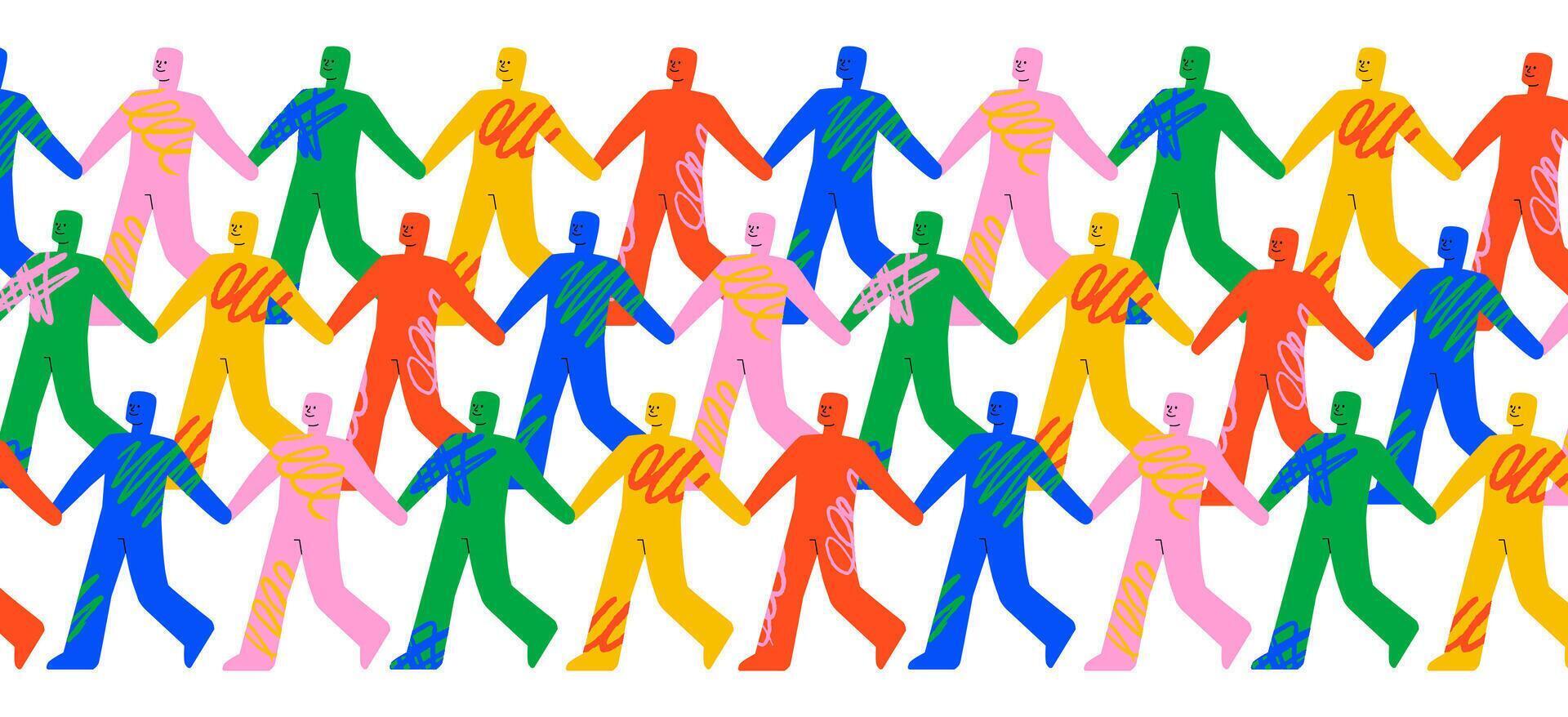 A bright crowd of abstract human figures walking and holding hands. A symbol of society, unity, cohesion and interaction. vector