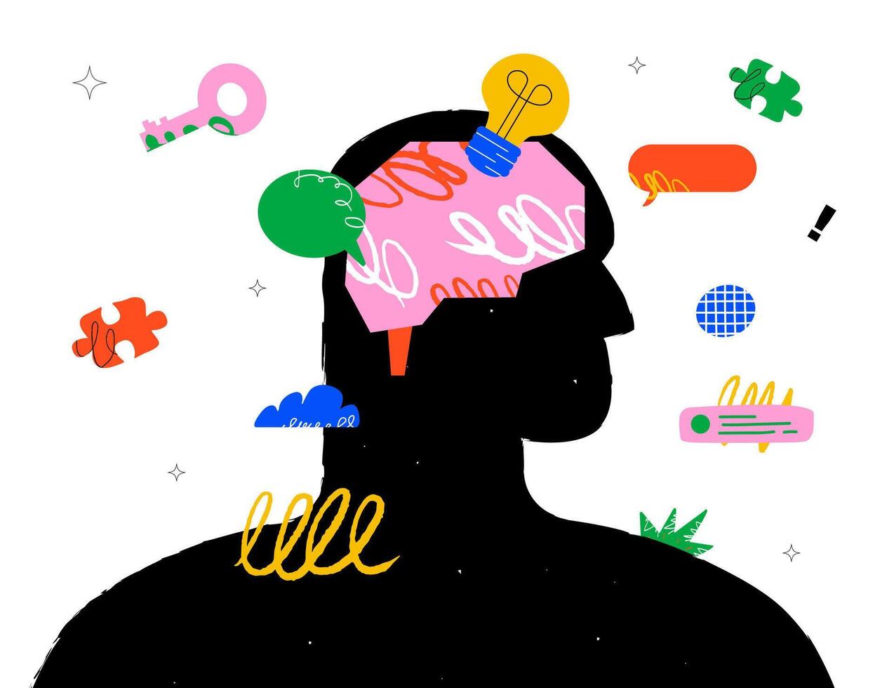A silhouette of a head with a pink brain inside, surrounded by various graphic elements, a light bulb, puzzle pieces, speech bubbles, a key and abstract doodles. The concept of thinking, creativity. vector