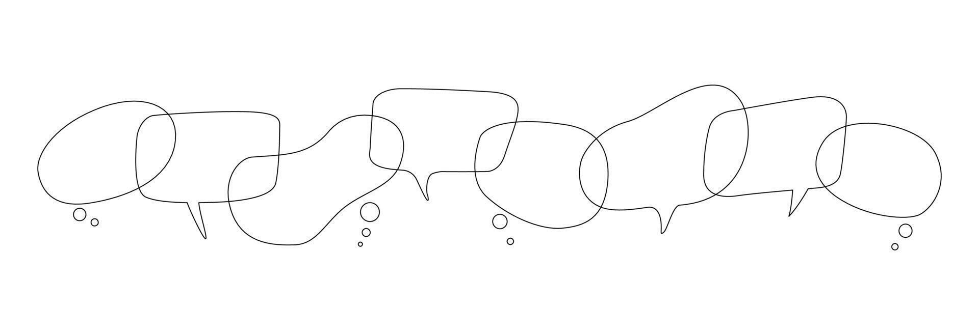 Minimalist line art illustration featuring a row of various speech bubbles. Concept for simple communication, conversation, and dialogue. vector