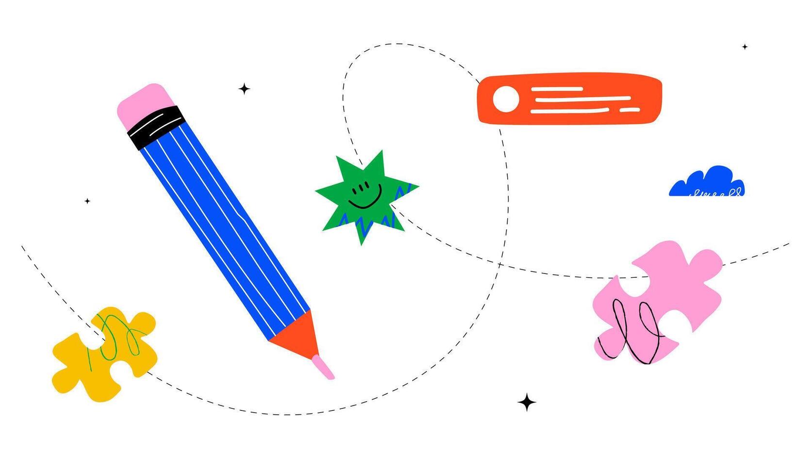 Abstract illustration with a large pencil, colorful puzzle pieces, stars and clouds. The concept of creativity, brainstorming, problem solving, and idea flow. vector