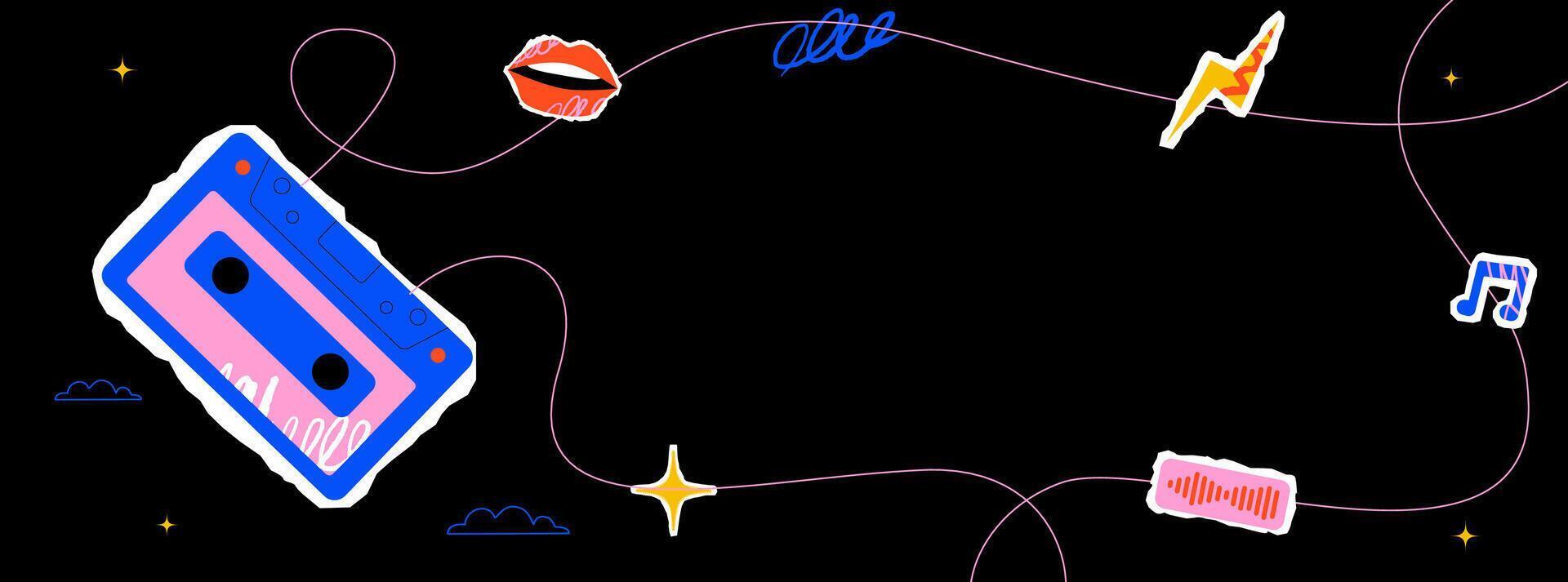Vivid retro-style illustration with cassette tape, lips, lightning, musical note and sound wave symbol and abstract doodles. Template design for music and podcast themes vector
