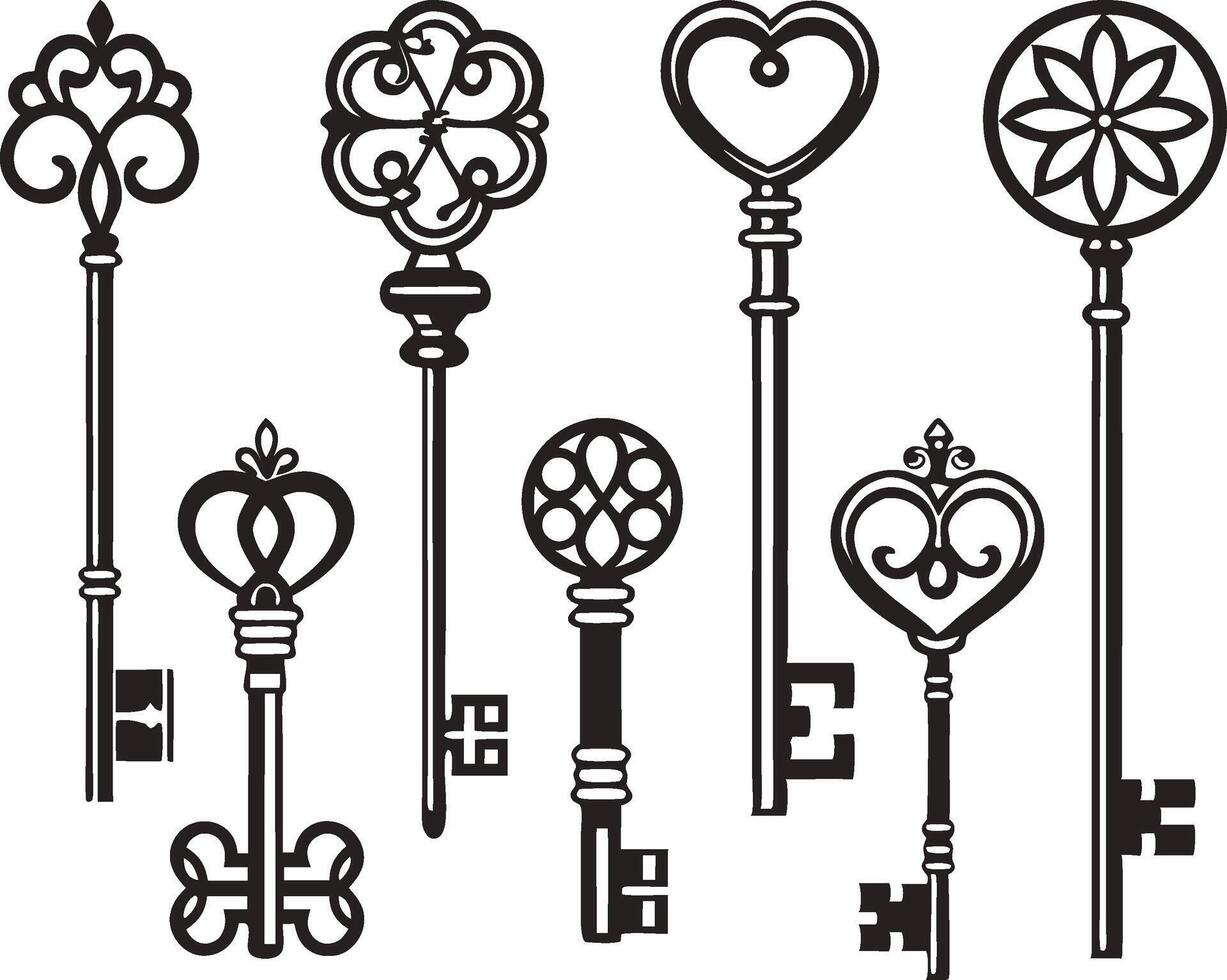 Decorative Black Key Set Featuring Vintage and Minimalist Styles vector